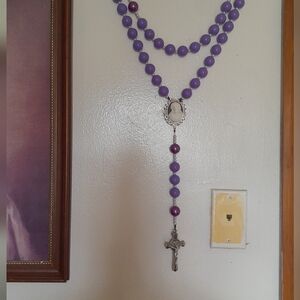 Purple Beaded Rosary with Silver Cross Wall Rosary XXL  With JESUS Cameo